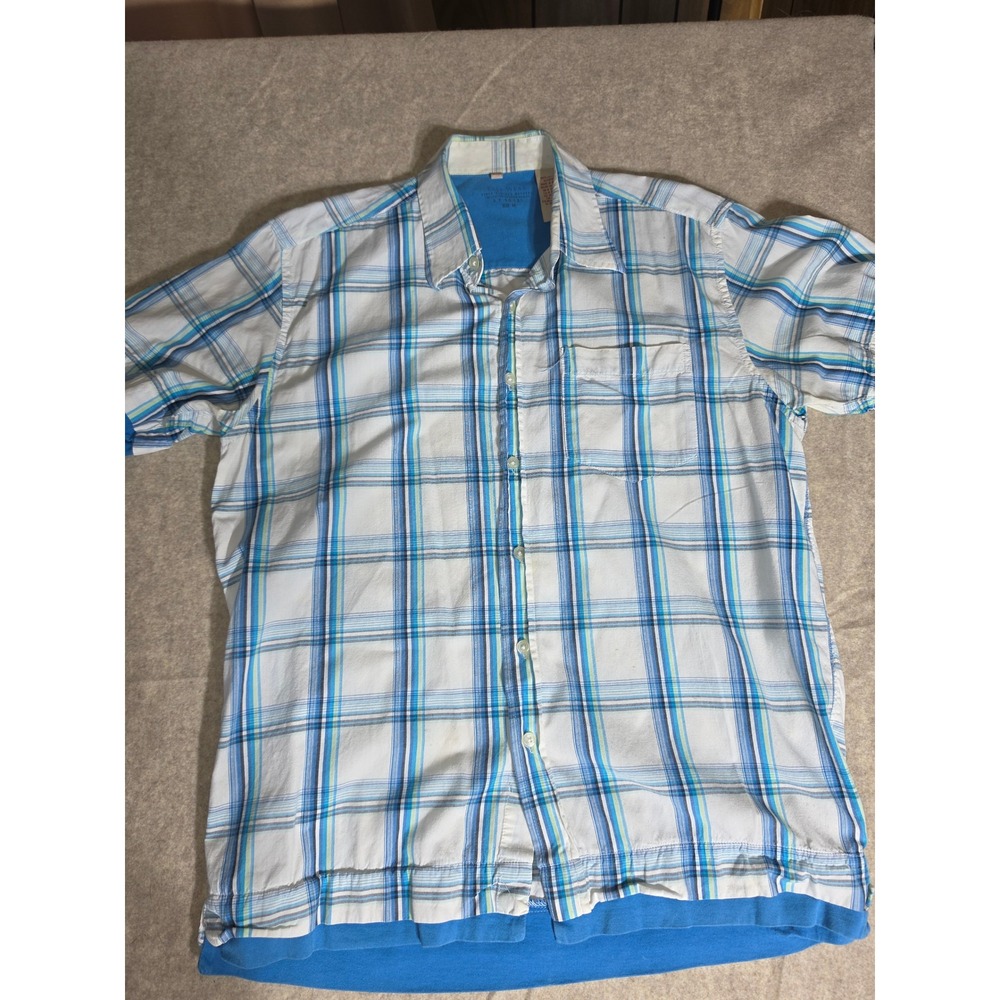 Easy Wear Mens Plaid Short Sleeve Button Down Shirt Blue White Cotton Size M
